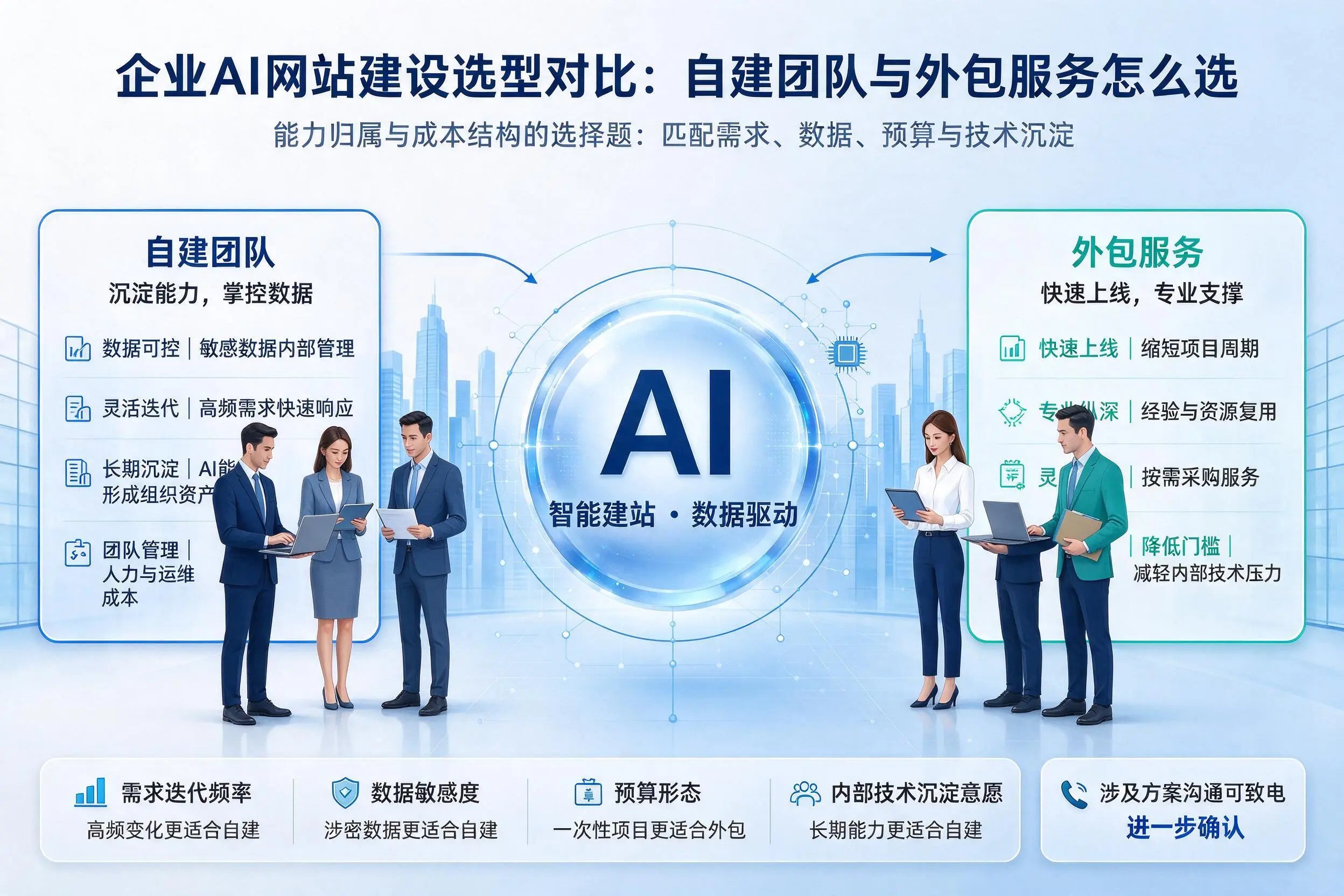 福州企业AI网站建设选型对比：自建团队与外包服务怎么选